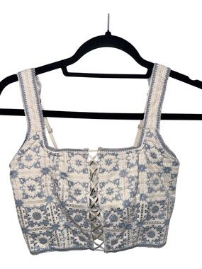 aerie Lace-Up Cropped Tank Top - Blue & White Patchwork